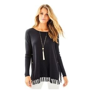 Lilly Pulitzer Ramona Fringe Sweater Black Womens XL Quiet Luxury Minimalist